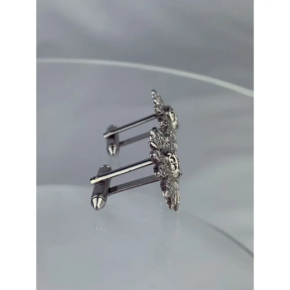 Large Sun Burst Sterling Silver Cufflinks Marcasite Shield Flower Statement VTG